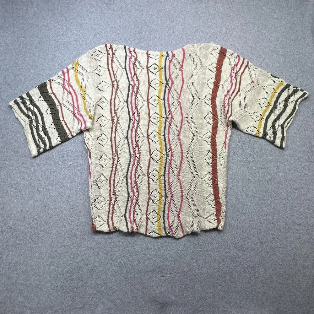 Sundance Sweater Womens Medium Cream Colorful Stripe Open Knit Short Sleeve Top